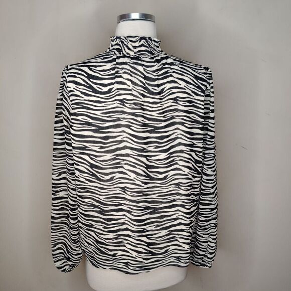 J Crew Zebra Stripe Chiffon Blouse Mock Neck Black White Long Sleeve - Picture 7 of 9